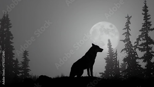 Wolf Howling Silhouette in Pine Forest Against a Full Moon