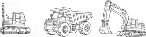 Construction vehicle line drawing, dump truck, excavator, compact loader illustration, heavy machinery blueprint, engineering sketch, industrial equipment outline, 