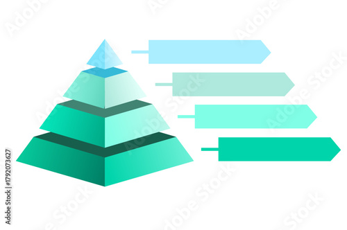 Infographic statistical hierarchical illustration of green and blue triangles divided , Pyramid shape made of four layers for presenting business ideas and data