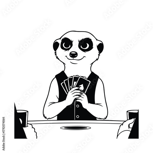 Meerkat Player Silhouette on White Background Holds Card at Table Game Round