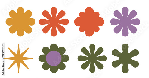 eight stylized flower shapes in muted orange purple gold and