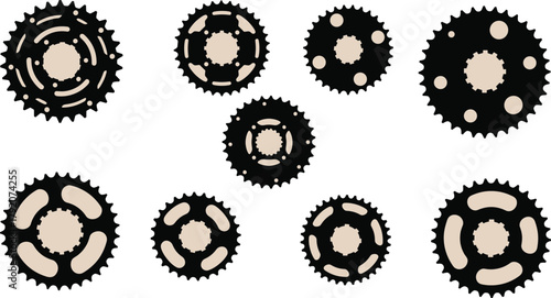 Stylized gear and sprocket vector set with circular mechanical designs, black and beige illustration on white background for engineering, robotics, and design themes