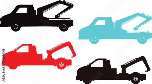 Pdescribed features four tow trucks, each with a distinct color, arranged in a grid-like composition. Here's a breakdown of the key elements and potential interpretations