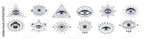evil magical doodle eye set in a trending minimal linear style