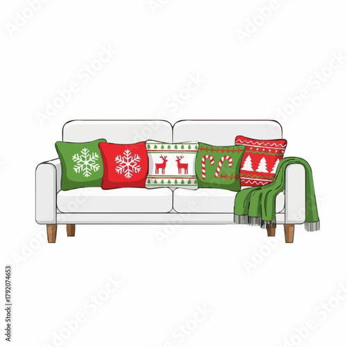 vector illustration of a sofa with a holly embroidered pillow on a sofa with a warm blanket