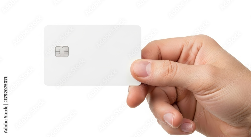 Obraz premium Hand Holding Blank Credit Card with Chip, Blank card, Chip card, White card