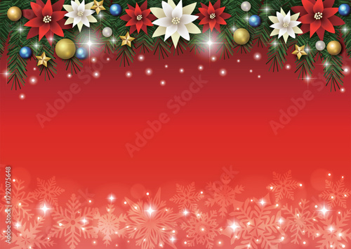 クリスマス背景、雪の結晶、赤、ポインセチア、モミの木、かわいい、イラスト、横