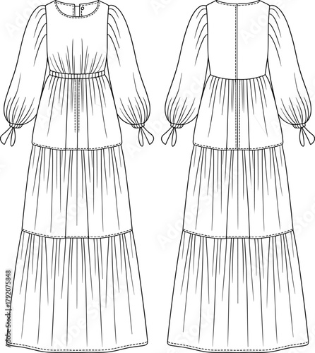 Tiered dress fashion illustration, technical sketch, puff sleeve design, gathered cuff detail, high waist silhouette, zipper back closure, sewing pattern, garment template, apparel mockup
