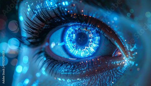 Futuristic Gaze: A close-up shot of a human eye glowing with vibrant blue digital patterns, conveying a sense of technological integration and forward-thinking vision.