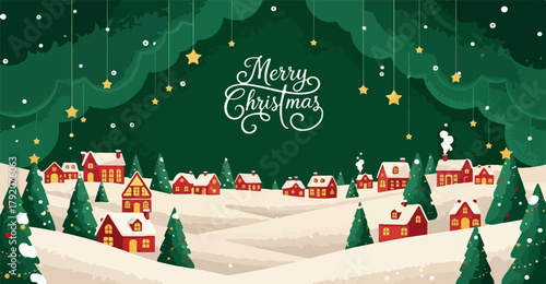 Merry Christmas Village Scene with Snow Covered Houses and Pine Trees | Festive Holiday Illustration for Greeting Cards, Posters, and Seasonal Marketing Campaigns