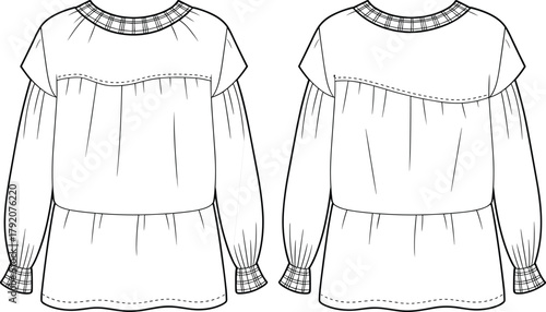 Women's blouse fashion illustration, technical sketch, round neckline design, plaid cuff detail, gathered yoke style, loose fit silhouette, sewing pattern, garment template, apparel mockup