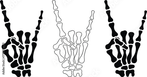Skeletal hands rock gesture illustration, devil horns symbol, heavy metal icon, punk style, bone anatomy, edgy vector design for music and culture