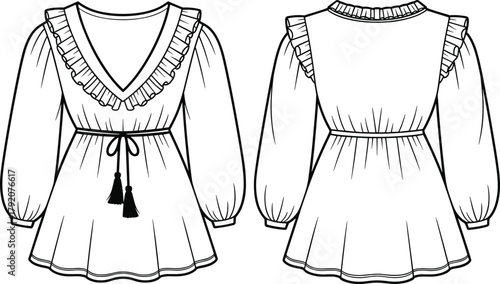 Women's dress fashion illustration, technical sketch, V-neck ruffle trim, puff sleeve style, drawstring waist, tassel detail, sewing pattern, garment template, apparel mockup