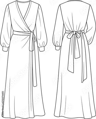 Wrap dress fashion illustration, technical sketch, V-neck design, bishop sleeve style, sash belt detail, sewing pattern, garment template, front back view, apparel mockup