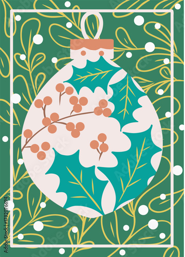 Festive Holly Ornament on Green Foliage Background