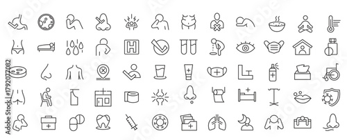 Flu and illnesses line icon set. COVID, cough, fever, lung CT scan, headache, pneumonia, ncov-2019, lungs, kidney, brain, bones line icon set. 