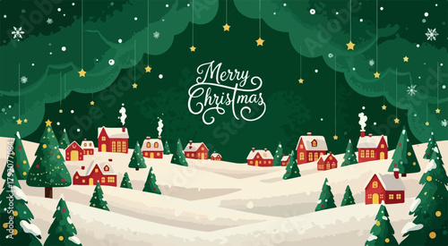 Merry Christmas Text with Snowy Village Scene | Winter Holiday Illustration for Greeting Cards and Seasonal Marketing