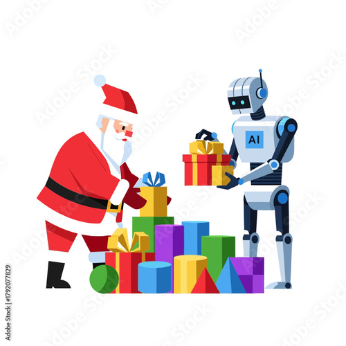 Santa Claus and a humanoid robot with AI label exchange gift boxes surrounded by colorful presents on a white background
