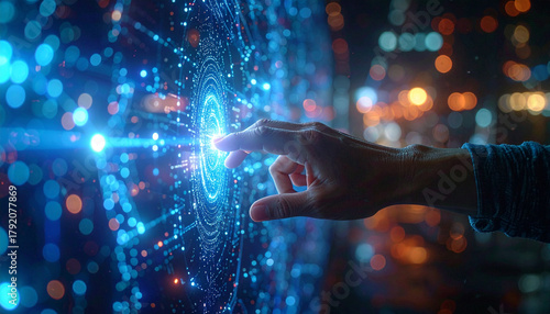 Digital Touch: A hand interacts with an abstract glowing digital interface, representing the cutting-edge of technology and the power of human-computer interaction.