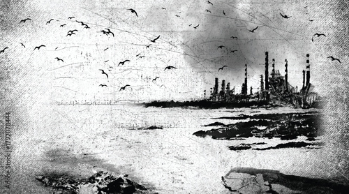 Industrial landscape with buildings and chimneys of the factory. Grunge scratch background. Black and white colors illustration	