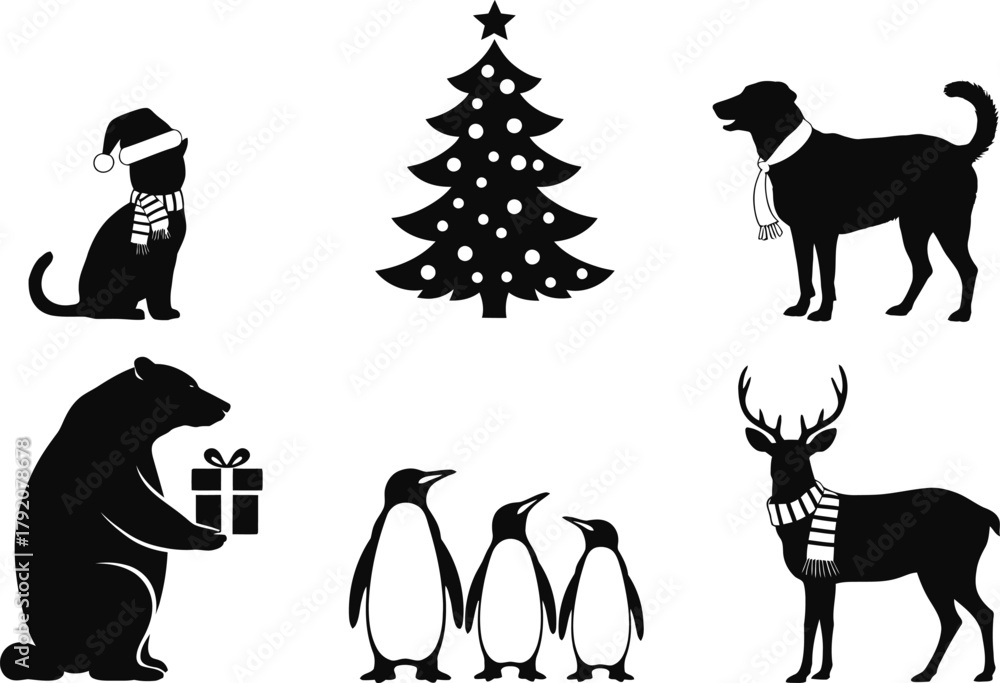 Naklejka premium Christmas animal silhouette icons set. cat, dog, bear, penguins, reindeer, holiday tree vector illustration