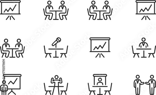 Set of business meeting icons hand drawn style isolated on transparent background