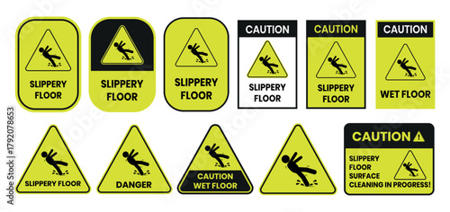 Hazard slippery surface wet floor sign, vector illustration isolated on white background. Hazard slippery surface wet floor  label, sign, badge, symbol, banner, Flat vector, isolated illustration.