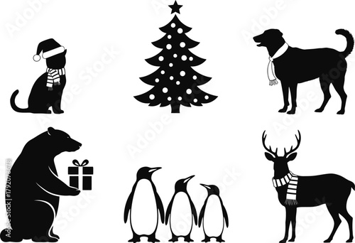 Christmas animal silhouette icons set. cat, dog, bear, penguins, reindeer, holiday tree vector illustration