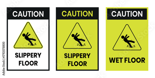 Hazard slippery surface wet floor sign, vector illustration isolated on white background. Hazard slippery surface wet floor  label, sign, badge, symbol, banner, Flat vector, isolated illustration.