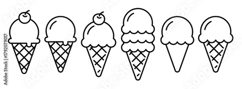 Ice cream cone doodle set. Waffle cone 
