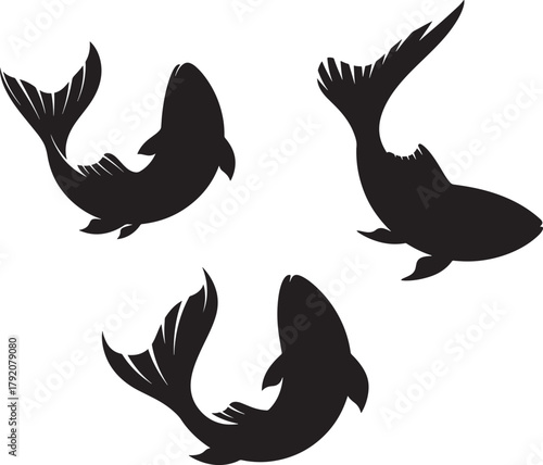 Three stylized fish swimming in a silhouette silhouette