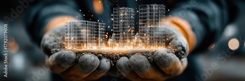 Engineer inspects a building structure projected through 3D holographic technology, ensuring precision and safety in every detail