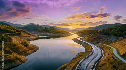 Scenic sunset drive along serene lake mountainous terrain aerial view tranquil nature landscape