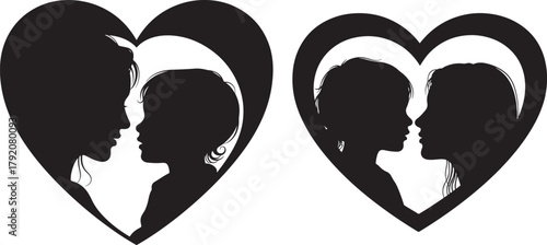 Two loving family silhouettes embracing within hearts silhouette