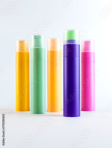 Colorful plastic spray bottles setup for mockup