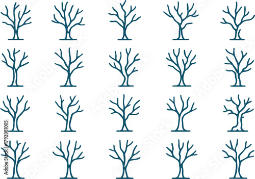 Illustration of bare tree icons, depicting leafless branches in a minimalist style, suitable for autumn or winter themed designs