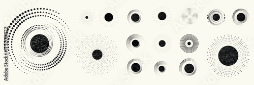Abstract circular halftones element set, geometric dotted ring and spiral circle shapes for modern design, technology, or motion graphic backgrounds. Dotted round elements, radial spirals, and vortex.