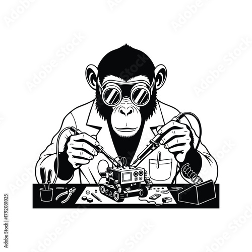 Silhouette Chimpanzee Repairing Robot with Soldering Iron on White Background Vector Illustration