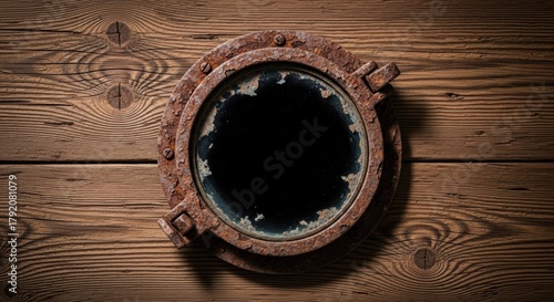 Rustic Porthole on Weathered Wood Background, Ship window, Round window, Porthole window