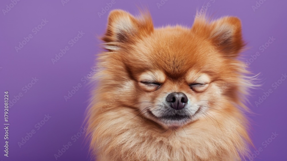 Obraz premium A close-up of a small, fluffy, orange Pomeranian dog with a relaxed expression against a purple background. The dog's eyes are partially closed, showcasing its calm demeanor.