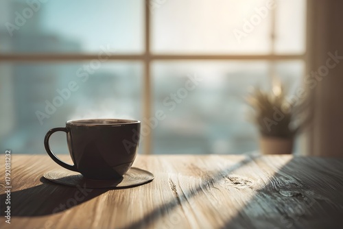 A coffee cup in a bright setting, highlighting everyday beauty, tranquility, and serene atmosphere.