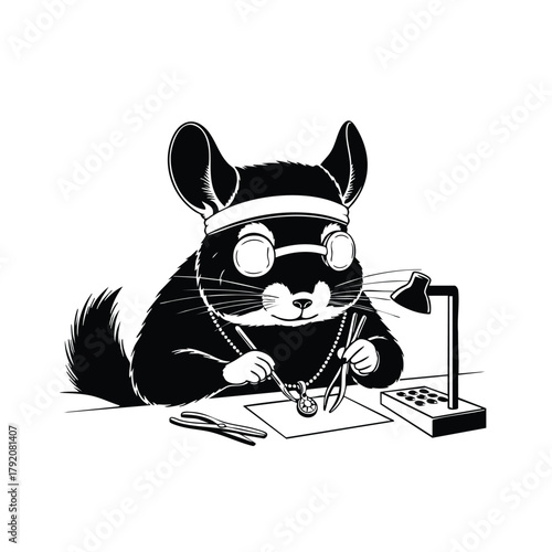 Silhouette of chinchilla jeweler isolated on white background rodent craftsman jewelry making artisan working at desk craft