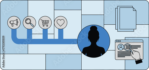 Customer journey concept with icons and silhouette of woman for marketing