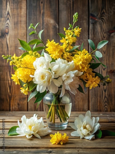 Fototapeta Naklejka Na Ścianę i Meble -  Fresh yellow forsythia flowers in a still life arrangement with white peonies and eucalyptus leaves on a wooden table