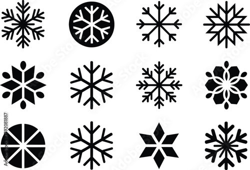 Snowflake vector silhouette icons set. assorted winter frost crystals collection vector illustration