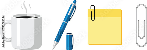 A collection of common office supplies including a steaming coffee mug, a blue pen, a yellow sticky note, and paperclips.