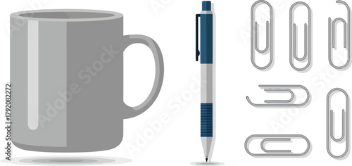 A gray mug, a blue and white pen, and several paperclips are arranged on a white background.