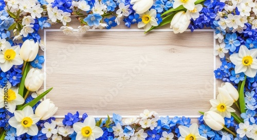 Spring floral frame on wood with white tulips and blue flowers, Border, Daffodils, Blossoms