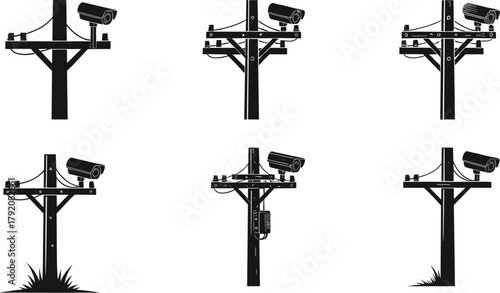 CCTV surveillance camera on wooden pole, outdoor security monitoring system, digital observation technology, street safety equipment, modern protection infrastructure illustration