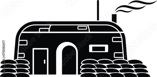 Black and white war bunker illustration with smoke rising from the chimney